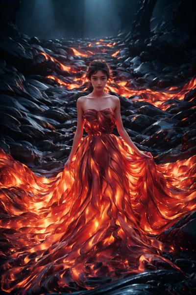 橙色裙子的女子在洞穴中燃烧的艺术家